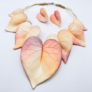 Artisan Handmade Ceramic Ombre Blush Bougainvillea‎ Leaf Necklace Earring Set